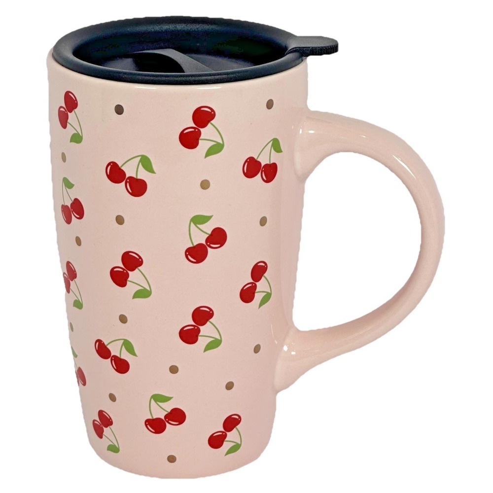 Cherry Print Travel Mug‎ Ceramic Pink Cup With Lid Tall Coffee Cup Cute